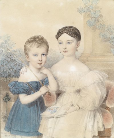 Bildnis eines Knaben in blauem Kleid und eines Mädchens, ein Bilderbuch haltend von Johann Ender